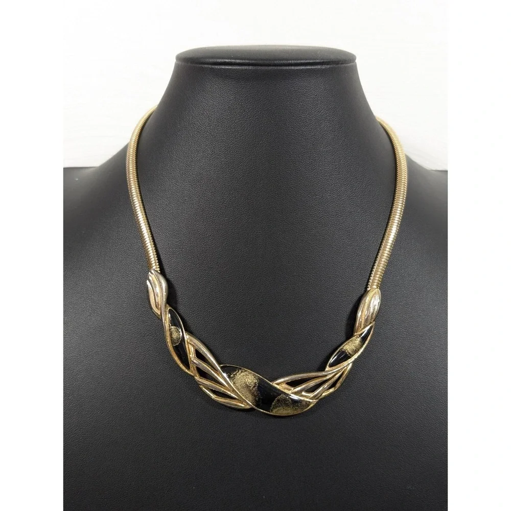 Vintage Gold Tone Omega Chain Necklace Black Enamel V Bar Statement 16" - Picture 1 of 11